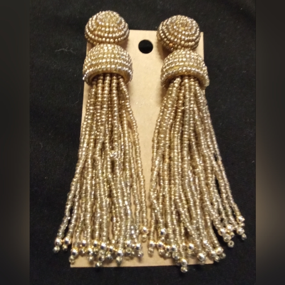 Elegant Vintage Gold Beaded Tassel Post Earrings